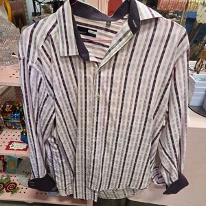 QUIETI Mens XL Button Down Shirt Long Sleeve Purple Stripe Dress Casual